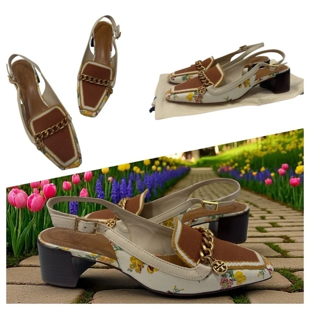 Tory Burch Mini Benton Charm Floral Chain-Embellished Slingback Heels size 6 M